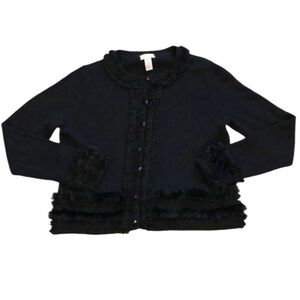 Chicos Womens Button Up Cardigan Sz M Black Fur Trim Ruffle Granny core Goth